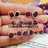Raw Garnet Silver Electroplated Stud Earrings, January Birthstone, Sold By Piece